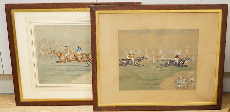 George Finch Mason (1850-1915), ‘Ascot 1887, The Hardwicke Stakes, Ormonde Wins!’ and ‘The Chester Cup, Kinsky Wins!’, each signed and inscribed, two watercolours heightened with white, one ex. Christie’s, 30 x 38cm